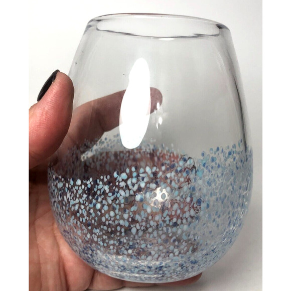 Set 2 Vintage Pier 1 Imports Hand Blown Blue White Confetti Stemless Wine Glass - Picture 3 of 4